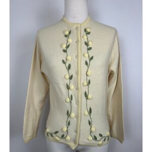 Vintage 60s Embroidered Floral Cardigan Appliqué Sweater Kitsch Yellow S/M